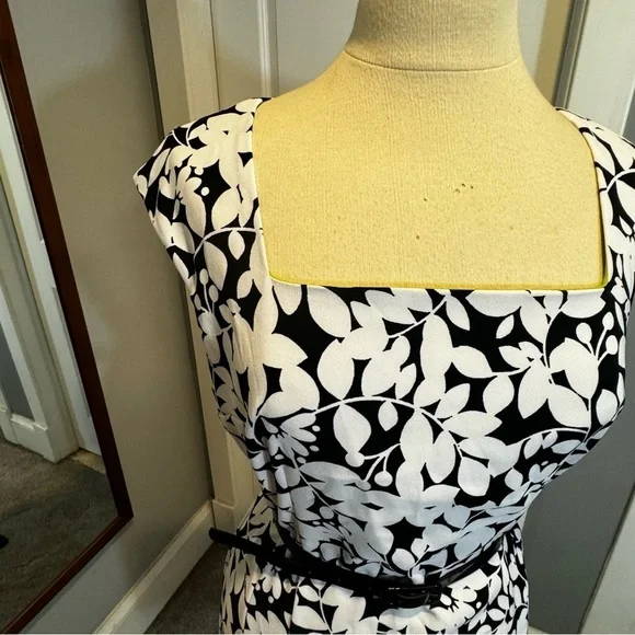 London Times Black White Green Square Neck belted floral leaves Sheath Dress 12 - Picture 9 of 11